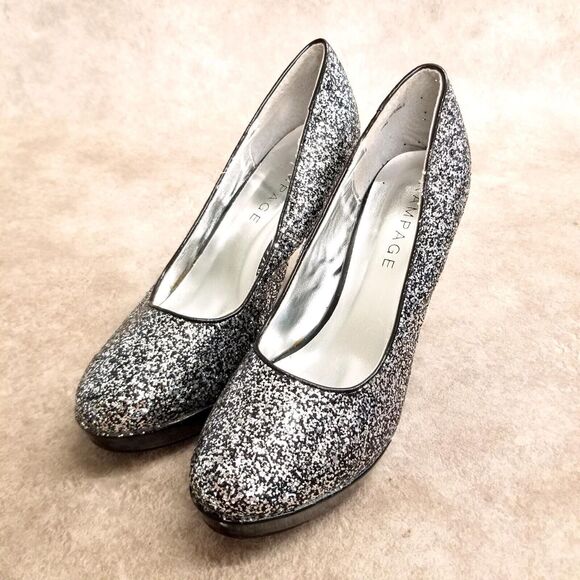 Rampage Womens Tangela Size 8.5 Black Silver Slip On Glittery Heels Platform Pu - Picture 3 of 12